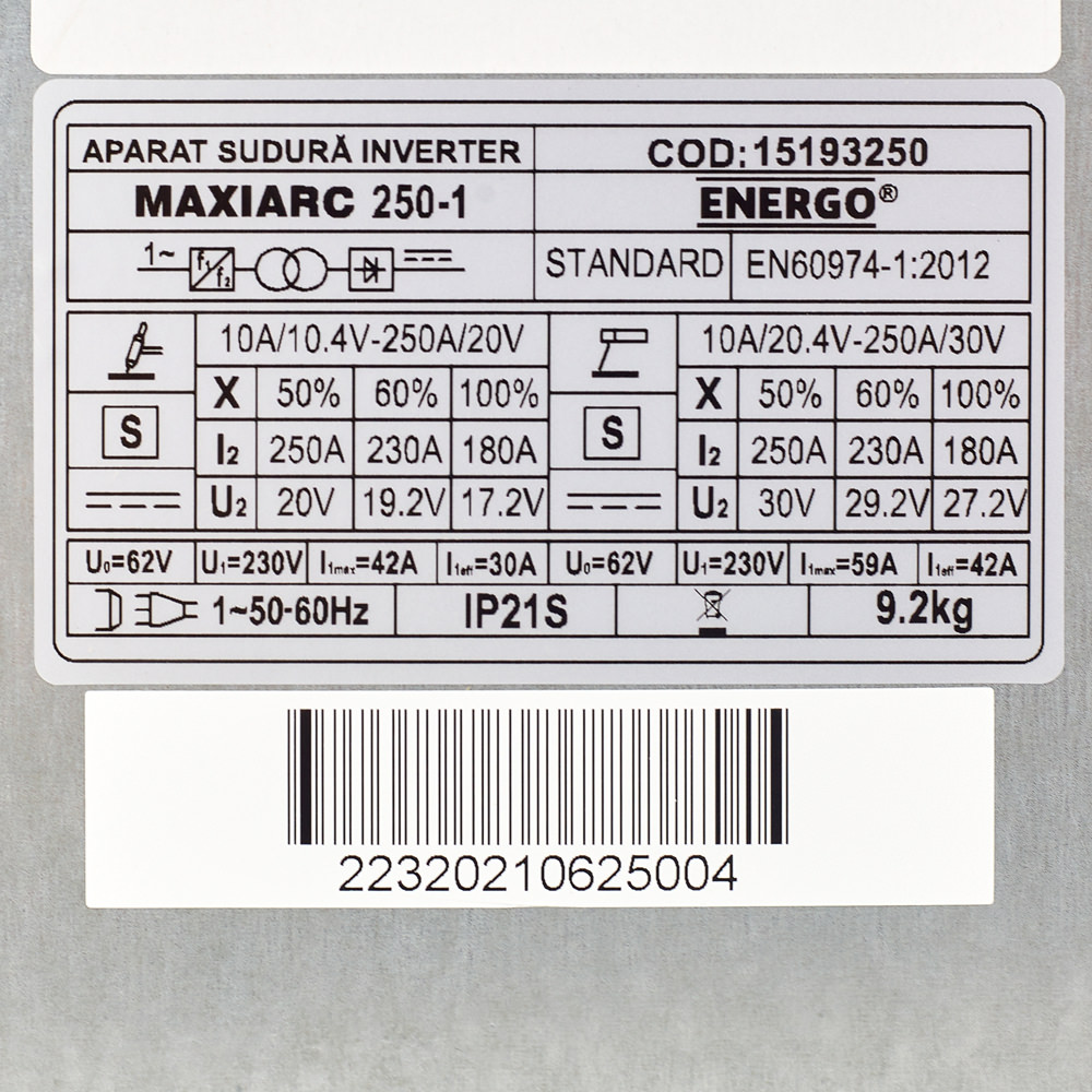 Aparat sudura cu electrod MAXIARC 250-1 functie TIG-LIFT randament 200A/60% 230V ENERGO - imagine 2