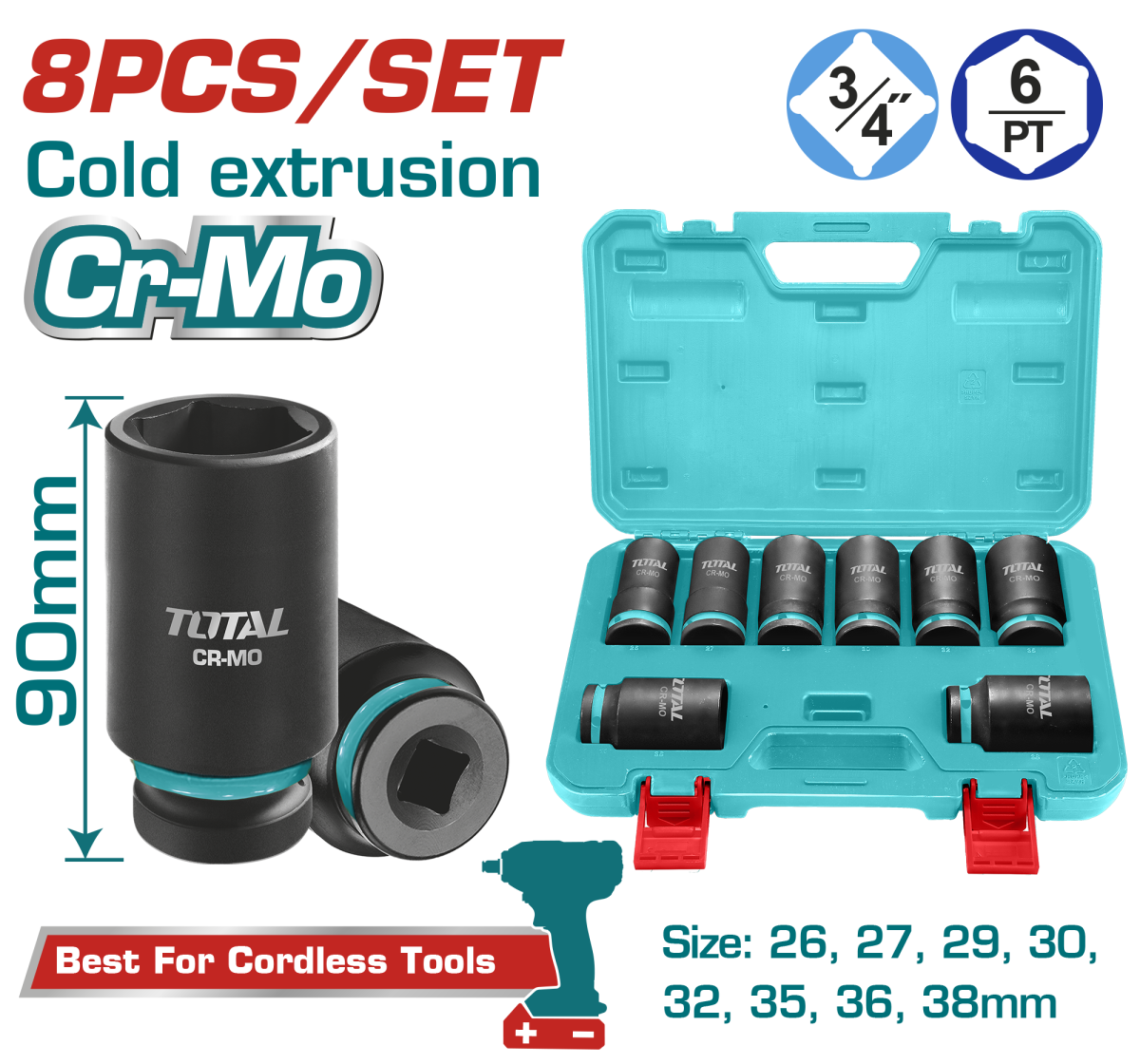 Specialistul Casei TOTAL - Set 8 piese tubulare de impact adanci – 3/4"