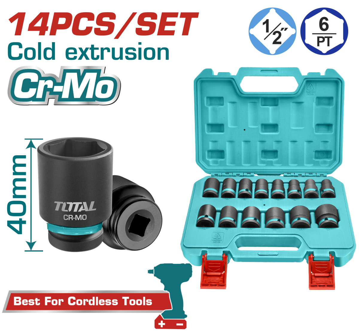 Specialistul Casei TOTAL - Set tubulare de impact 14 piese, 1/2"