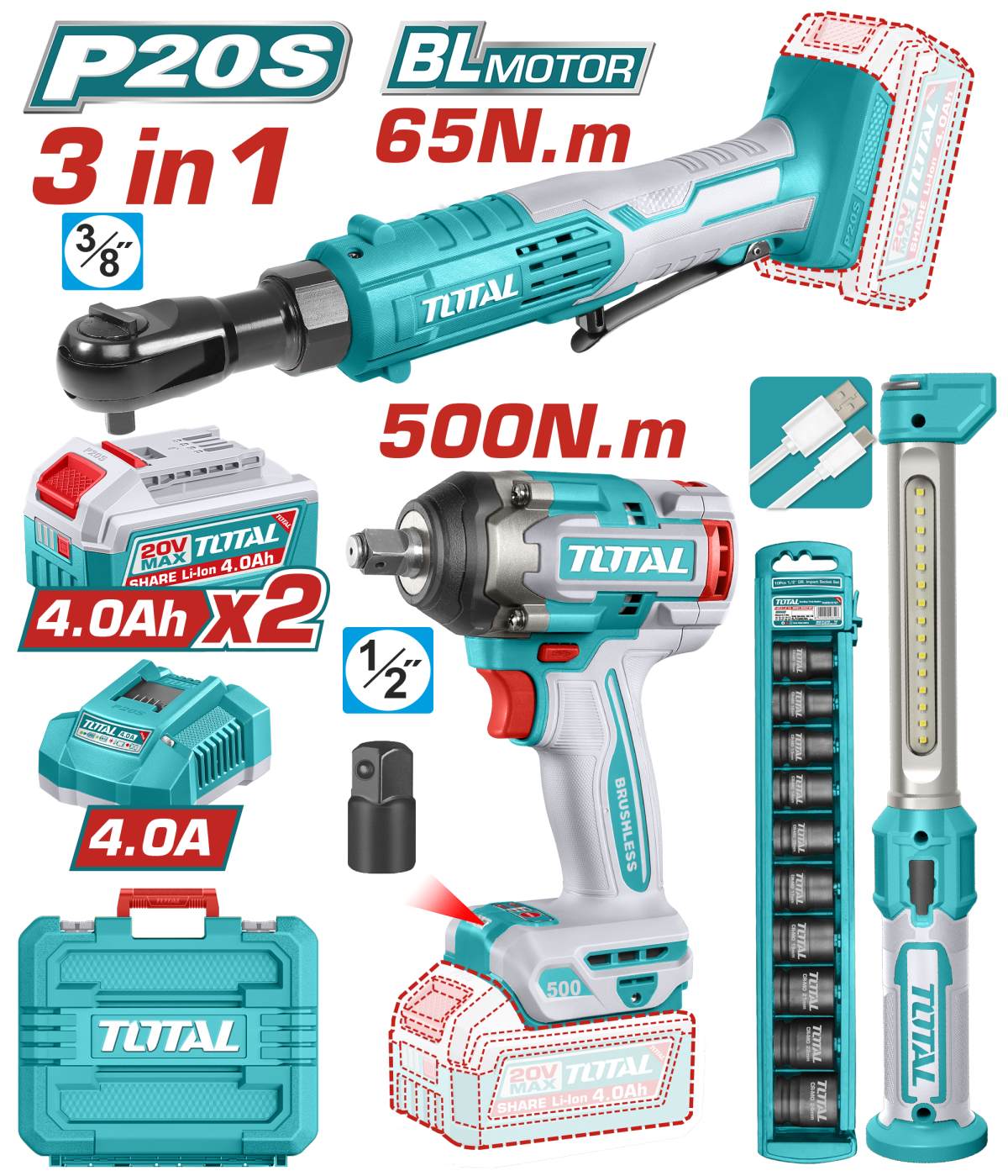 Specialistul Casei TOTAL - KIT COMBO 20V - Masina de insurubat cu impact, Cheie dreapta cu impact, Lampa de lucru, Set tubulare