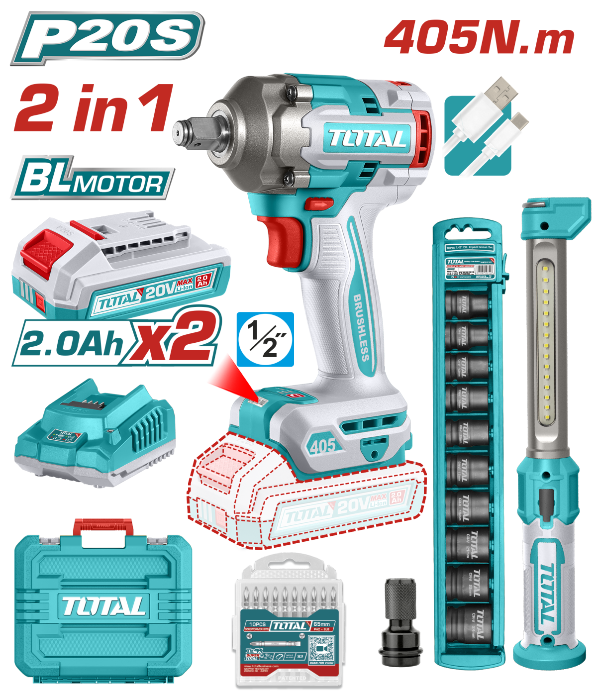 Specialistul Casei TOTAL - KIT COMBO 20V - Masina de insurubat cu impact, lampa de lucru (include 2 acumulatori si 1 Incarcator)