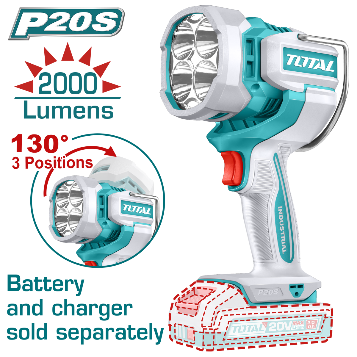 Specialistul Casei TOTAL - Lampa de lucru - 2000 Lumeni - LI-ION - 20V (nu include acumulator si incarcator)