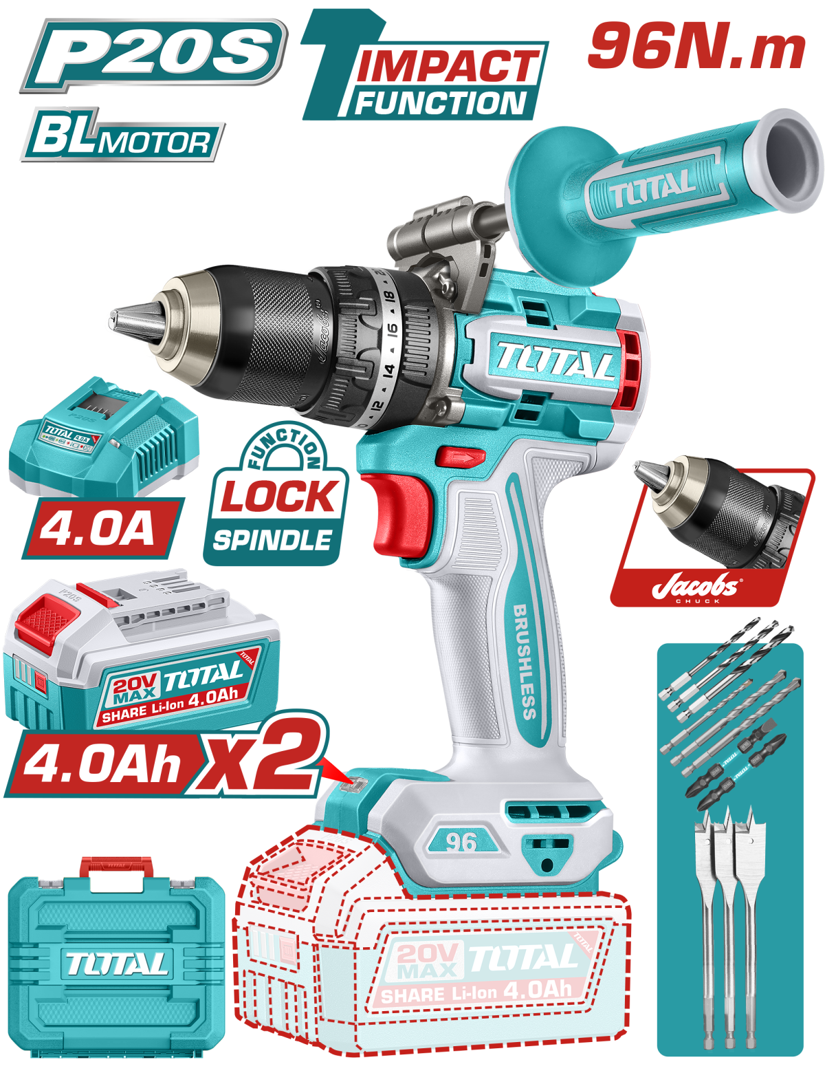 Specialistul Casei TOTAL - Masina de gaurit cu impact - 20V - 4.0AH LI-ION (2 acumulatori, 1 incarcator)